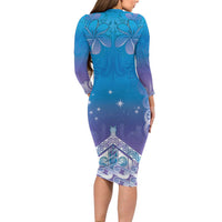 New Zealand Matariki Long Sleeve Bodycon Dress Maori Marae Cyan Galaxy