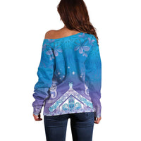 New Zealand Matariki Off Shoulder Sweater Maori Marae Cyan Galaxy