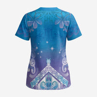 New Zealand Matariki Scrub Top Maori Marae Cyan Galaxy - Polynesian Pride