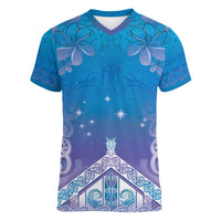 New Zealand Matariki Women V-Neck T-Shirt Maori Marae Cyan Galaxy