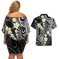 Plumeria With Black Polynesian Tattoo Pattern Couples Matching Off Shoulder Short Dress and Hawaiian Shirt