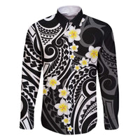 Plumeria With Black Polynesian Tattoo Pattern Family Matching Off The Shoulder Long Sleeve Dress and Hawaiian Shirt