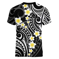 Plumeria With Black Polynesian Tattoo Pattern Women V-Neck T-Shirt