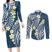Plumeria With Blue Polynesian Tattoo Pattern Couples Matching Long Sleeve Bodycon Dress and Long Sleeve Button Shirt
