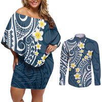 Plumeria With Blue Polynesian Tattoo Pattern Couples Matching Off Shoulder Short Dress and Long Sleeve Button Shirt