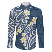 Plumeria With Blue Polynesian Tattoo Pattern Family Matching Off The Shoulder Long Sleeve Dress and Hawaiian Shirt