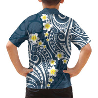 Plumeria With Blue Polynesian Tattoo Pattern Family Matching Short Sleeve Bodycon Dress and Hawaiian Shirt
