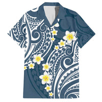 Plumeria With Blue Polynesian Tattoo Pattern Family Matching Short Sleeve Bodycon Dress and Hawaiian Shirt