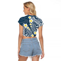 Plumeria With Blue Polynesian Tattoo Pattern Raglan Cropped T Shirt