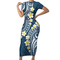 Plumeria With Blue Polynesian Tattoo Pattern Short Sleeve Bodycon Dress LT05 Long Dress Blue - Polynesian Pride
