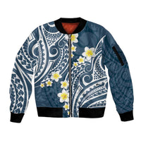 Plumeria With Blue Polynesian Tattoo Pattern Sleeve Zip Bomber Jacket LT05 Unisex Blue - Polynesian Pride