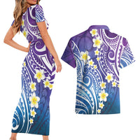 Plumeria With Galaxy Polynesian Tattoo Pattern Couples Matching Short Sleeve Bodycon Dress and Hawaiian Shirt