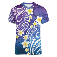 Plumeria With Galaxy Polynesian Tattoo Pattern Women V-Neck T-Shirt
