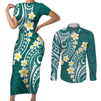 Plumeria With Teal Polynesian Tattoo Pattern Couples Matching Short Sleeve Bodycon Dress and Long Sleeve Button Shirt