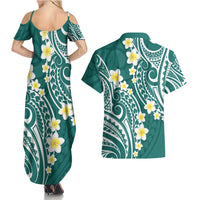 Plumeria With Teal Polynesian Tattoo Pattern Couples Matching Summer Maxi Dress and Hawaiian Shirt