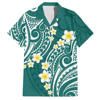 Plumeria With Teal Polynesian Tattoo Pattern Family Matching Long Sleeve Bodycon Dress and Hawaiian Shirt LT05 Dad's Shirt - Short Sleeve Teal - Polynesian Pride