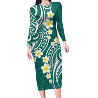 Plumeria With Teal Polynesian Tattoo Pattern Family Matching Long Sleeve Bodycon Dress and Hawaiian Shirt LT05 Mom's Dress Teal - Polynesian Pride
