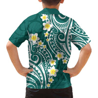 Plumeria With Teal Polynesian Tattoo Pattern Family Matching Off Shoulder Short Dress and Hawaiian Shirt