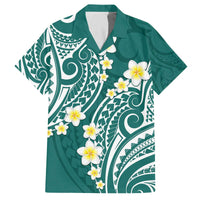 Plumeria With Teal Polynesian Tattoo Pattern Family Matching Off Shoulder Short Dress and Hawaiian Shirt