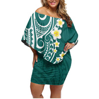 Plumeria With Teal Polynesian Tattoo Pattern Family Matching Off Shoulder Short Dress and Hawaiian Shirt