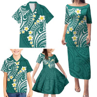 Plumeria With Teal Polynesian Tattoo Pattern Family Matching Puletasi and Hawaiian Shirt