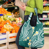 Plumeria With Teal Polynesian Tattoo Pattern Grocery Bag
