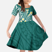 Plumeria With Teal Polynesian Tattoo Pattern Kid Short Sleeve Dress
