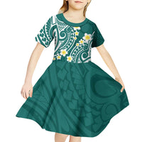 Plumeria With Teal Polynesian Tattoo Pattern Kid Short Sleeve Dress