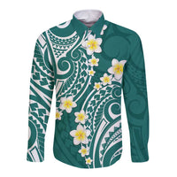 Plumeria With Teal Polynesian Tattoo Pattern Long Sleeve Button Shirt