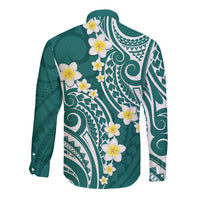 Plumeria With Teal Polynesian Tattoo Pattern Long Sleeve Button Shirt
