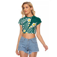 Plumeria With Teal Polynesian Tattoo Pattern Raglan Cropped T Shirt
