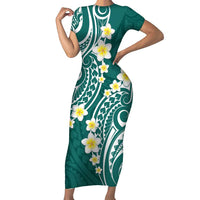 Plumeria With Teal Polynesian Tattoo Pattern Short Sleeve Bodycon Dress LT05 Long Dress Teal - Polynesian Pride
