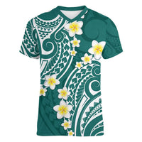 Plumeria With Teal Polynesian Tattoo Pattern Women V-Neck T-Shirt