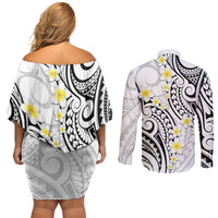 Plumeria With White Polynesian Tattoo Pattern Couples Matching Off Shoulder Short Dress and Long Sleeve Button Shirt