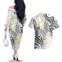 Plumeria With White Polynesian Tattoo Pattern Couples Matching Off The Shoulder Long Sleeve Dress and Hawaiian Shirt