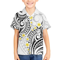 Plumeria With White Polynesian Tattoo Pattern Family Matching Off Shoulder Short Dress and Hawaiian Shirt