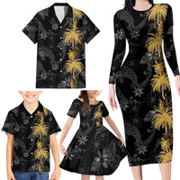 Hawaiian Honu And Surfboards Family Matching Long Sleeve Bodycon Dress and Hawaiian Shirt Gold Style - Polynesian Pride