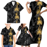 Hawaiian Honu And Surfboards Family Matching Short Sleeve Bodycon Dress and Hawaiian Shirt Gold Style - Polynesian Pride
