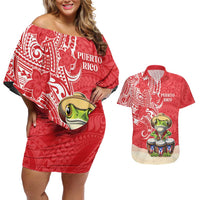 Personalized Puerto Rico Couples Matching Off Shoulder Short Dress and Hawaiian Shirt Coqui Frog With Polynesian Pattern - Polynesian Pride