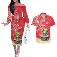 Personalized Puerto Rico Couples Matching Off The Shoulder Long Sleeve Dress and Hawaiian Shirt Coqui Frog With Polynesian Pattern - Polynesian Pride
