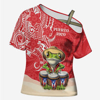 Personalized Puerto Rico Cross Shoulder Shirt Coqui Frog With Polynesian Pattern - Polynesian Pride