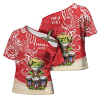 Personalized Puerto Rico Cross Shoulder Shirt Coqui Frog With Polynesian Pattern - Polynesian Pride