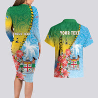 Personalised Malampa Fiji Day Couples Matching Long Sleeve Bodycon Dress and Hawaiian Shirt Tribal Pattern With Tropical Flowers - Polynesian Pride