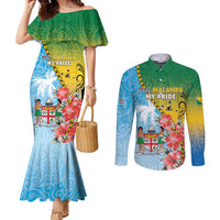 Personalised Malampa Fiji Day Couples Matching Mermaid Dress and Long Sleeve Button Shirt Tribal Pattern With Tropical Flowers - Polynesian Pride