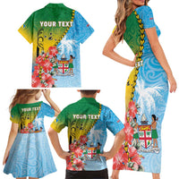 Personalised Malampa Fiji Day Family Matching Short Sleeve Bodycon Dress and Hawaiian Shirt Tribal Pattern With Tropical Flowers - Polynesian Pride
