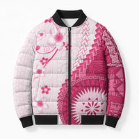 Bula Fiji Bomber Puffer Jacket Pink Plumeria Masi Tapa Pattern - Polynesian Pride