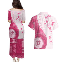 Bula Fiji Couples Matching Puletasi and Hawaiian Shirt Pink Plumeria Masi Tapa Pattern - Polynesian Pride