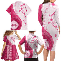 Bula Fiji Family Matching Long Sleeve Bodycon Dress and Hawaiian Shirt Pink Plumeria Masi Tapa Pattern LT05 - Polynesian Pride