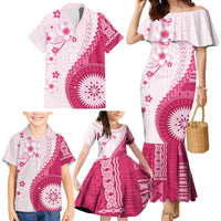 Bula Fiji Family Matching Mermaid Dress and Hawaiian Shirt Pink Plumeria Masi Tapa Pattern LT05 - Polynesian Pride