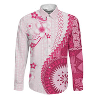 Bula Fiji Family Matching Off Shoulder Short Dress and Hawaiian Shirt Pink Plumeria Masi Tapa Pattern LT05 Dad's Shirt - Long Sleeve Pink - Polynesian Pride
